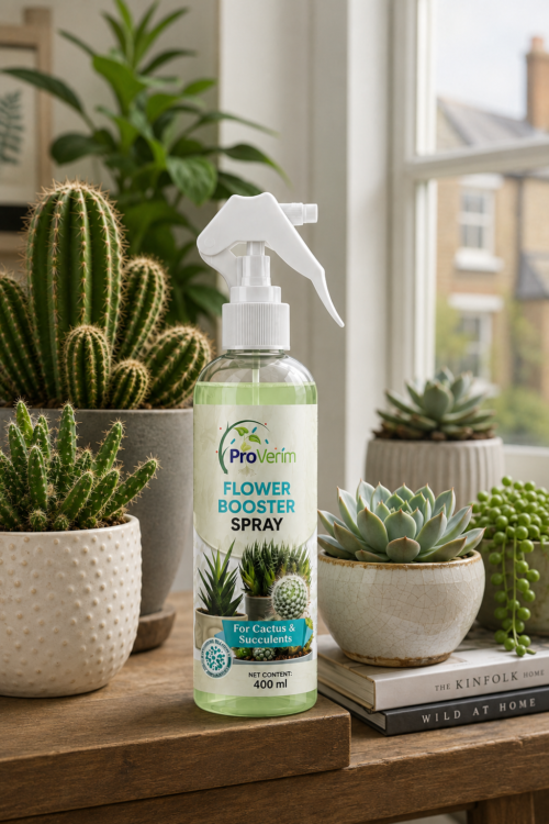 ProVerim Cactus Fertiliser spray bottle with cacti and succulents