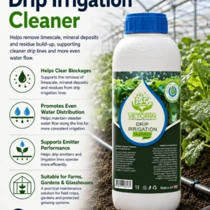 Damlama ProVerim Drip Irrigation Cleaner benefits infographic for greenhouse and farm drip systems