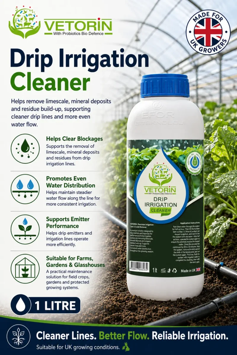 Damlama ProVerim Drip Irrigation Cleaner benefits infographic for greenhouse and farm drip systems