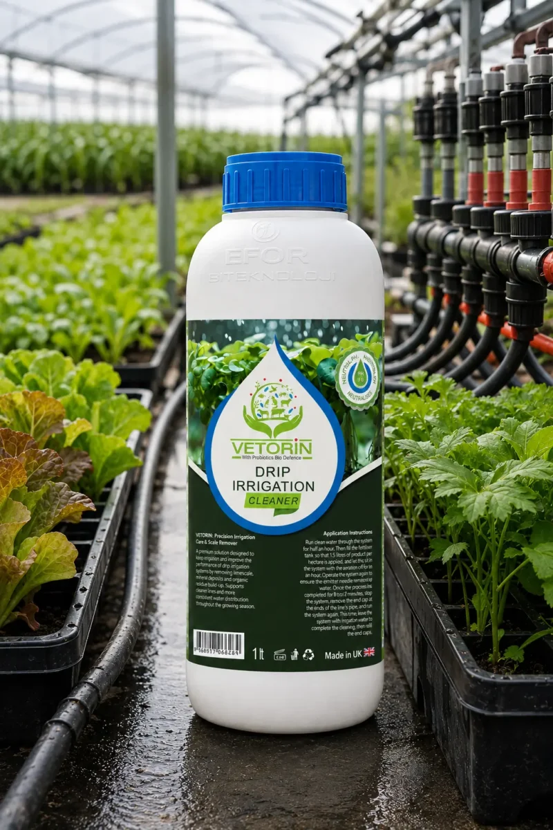 Damlama2 ProVerim Drip Irrigation Cleaner bottle beside seedling trays in a commercial nursery greenhouse