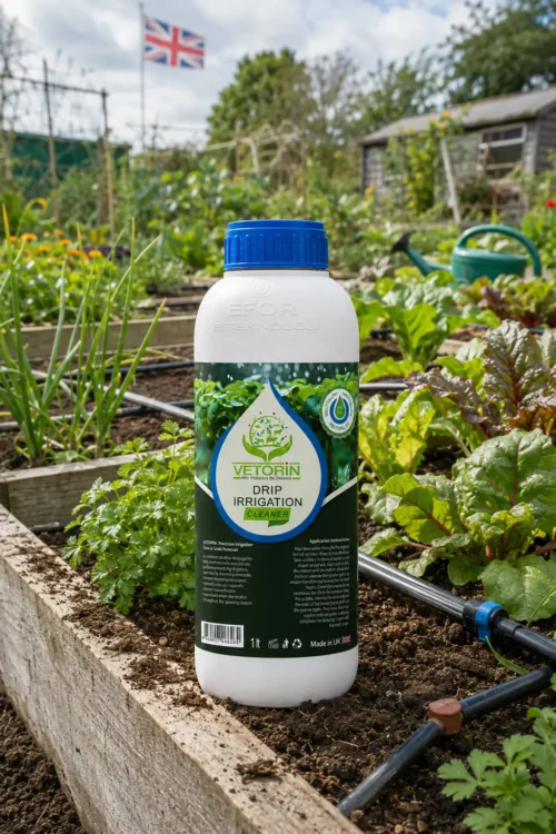 ProVerim Drip Irrigation Cleaner bottle standing in a UK allotment garden bed beside drip irrigation tubing