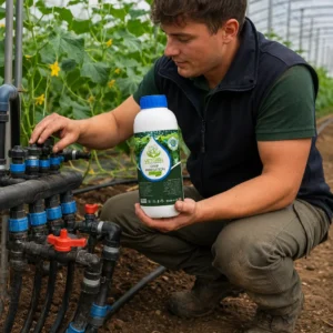Damlama6 Grower adjusting a drip irrigation manifold while holding ProVerim Drip Irrigation Cleaner in a polytunnel