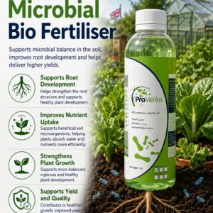 ProVerim Microbial BioFertiliser 400ml bottle label showing UKgrown certification and root, nutrient and yield benefits