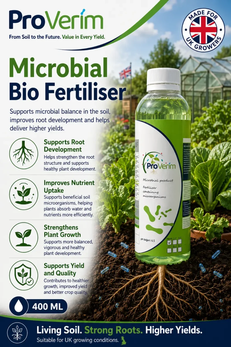 ProVerim Microbial BioFertiliser 400ml bottle label showing UKgrown certification and root, nutrient and yield benefits