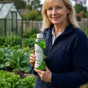 Closeup of ProVerim Microbial BioFertiliser 400ml label among greenhouse tomato vines