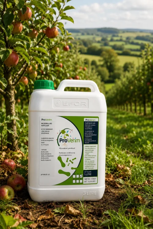 ProVerim Microbial Bio-Fertiliser 5L jerrycan in a UK apple orchard with rolling countryside