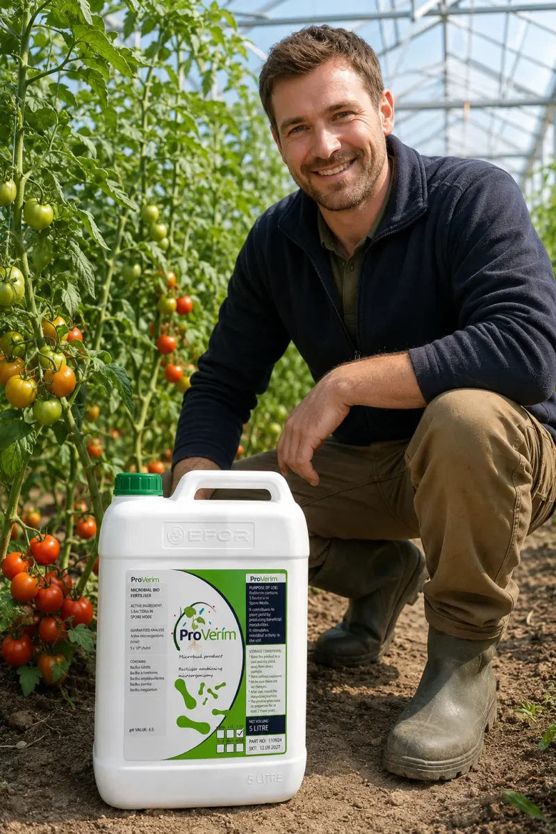Grower kneeling beside ProVerim Microbial BioFertiliser 5L jerrycan in a UK tomato greenhouse