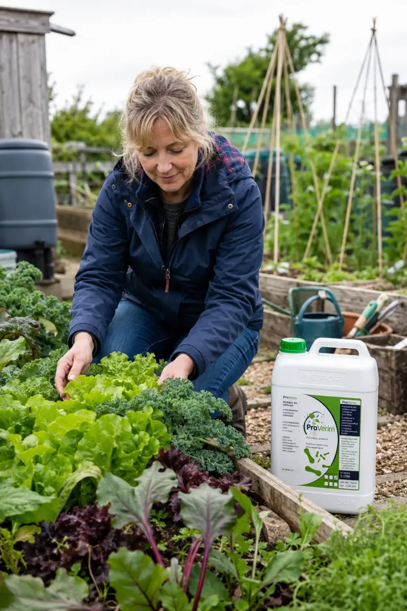 ProVerim Microbial BioFertiliser 5L jerrycan label showing active microbial ingredients in a UK apple orchard