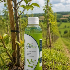 ProVerim Microbial BioFertiliser 400ml bottle beside a young fruit tree sapling in a UK orchard