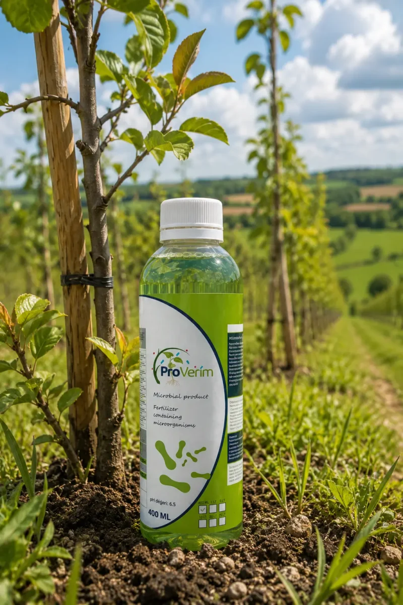ProVerim Microbial BioFertiliser 400ml bottle beside a young fruit tree sapling in a UK orchard