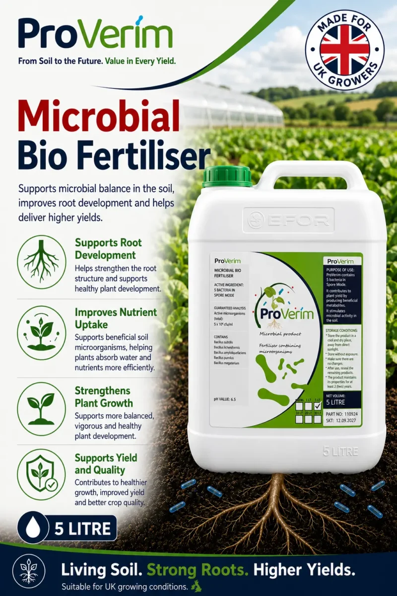 ProVerim Microbial BioFertiliser 5L jerrycan label showing UKgrown certification and root, nutrient and yield benefits