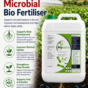 ProVerim Microbial BioFertiliser 20L benefits infographic showing root, nutrient and yield support