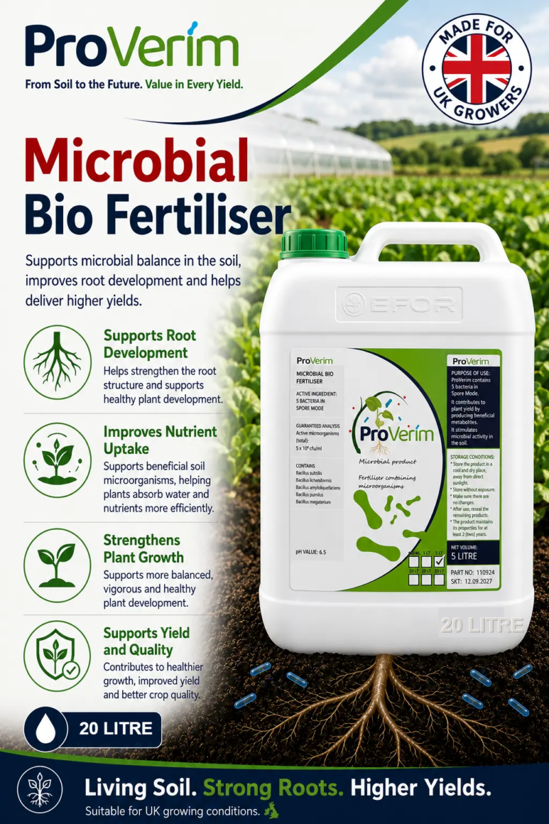 ProVerim Microbial BioFertiliser 20L benefits infographic showing root, nutrient and yield support